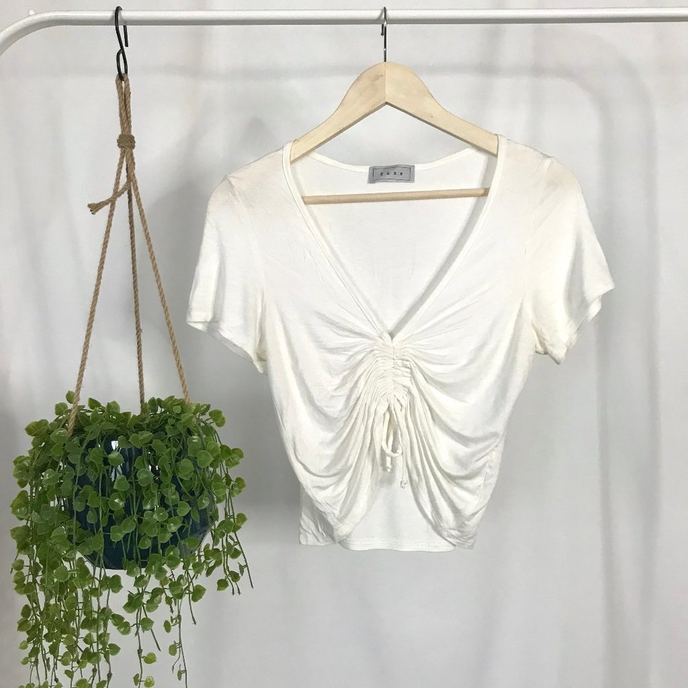 gaze Ruched Drawstring V-Neck Crop Top M